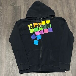 Hurley Black Zip Front Hoodie with Multicolor Graphic Front and Back